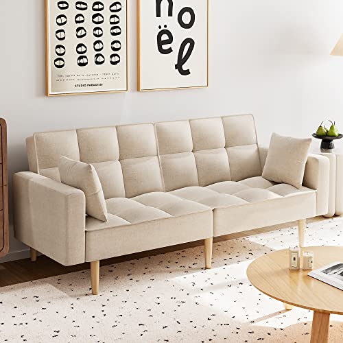 Senfot 78" W Upholstered Linen Couch Sofa, Modern Futon Convertible, Sleeper Sofa With Button Tufted Design And Thicken Wood Leg In Beige #TOP4
