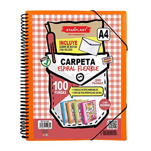 CARPETA ESPIRAL FLEXIBLE STARPLAST - 100 fundas transparentes, A4, cierre elástico, tapa polipropileno, portada personalizable. Uso escolar, oficina - color NARANJA Cover