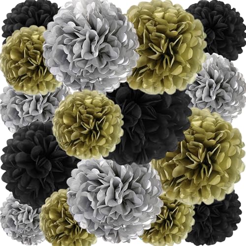 Image of 18 PCS Tissue Paper Pom Poms, Tissue Pom Poms Flowers, Sizes of 6 inch, 10 inch, 12 inch, 14 inch Hanging Paper Flower Ball for Wedding, Birthday, Halloween, Christmas, New Years Party Decor (Black Gold Silver)