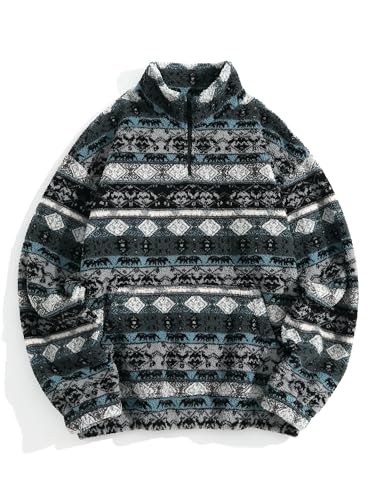 Image of ZAFUL Men 1 /4 Zipper Ethnic Aztec Fleece Unisex Winter Sweatshirt Tops 2026 | Funnel Neck Fluffy Polar Fleece Faux Sherpa Soft Thermal Pullover Kangaroo Pocket Jacket Hoodie Tops