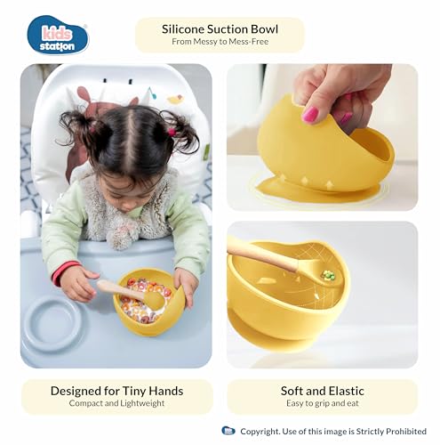 Image of Kids Station 8-Piece Silicone Baby Feeding Set | Suction Bowl, Plate, Bib, Cup, Spoon & Fork | 100% Food Grade BPA-Free Silicone | Non-Slip, Easy to Clean (Pack of 8, Yellow)