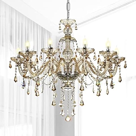 Ridgeyard 10-Light Crystal Chandelier Cognac/Champagne Modern Chandelier K9 Crystal Candle Pendant Ceiling Lighting Fixture, Chandeliers for Dining Room Home Decor Cover