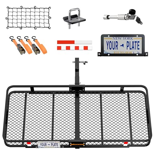 Image of Mockins 60 inchx24 inchx6 inch XL Heavy Duty Trailer Hitch Cargo Carrier | 500 Lbs Cap Folding Luggage Rack for SUV Car & Truck | All-Weather Steel Hitch Rack Cargo Carrier w /License Plate Bracket & Accessories