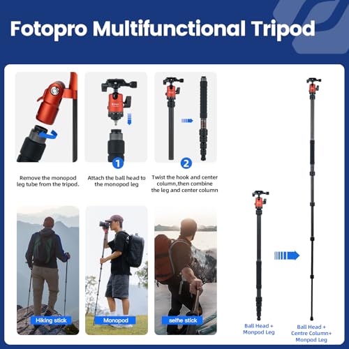 Image of Fotopro 62 inch Carbon Fiber Travel Tripod, Lightweight Compact Camera Tripod with Ball Head, Detachable Monopod with Arca-Swiss Release Plate and Bag, Load up to 8KG /17.63lbs, Weighs only 2lb. Orange