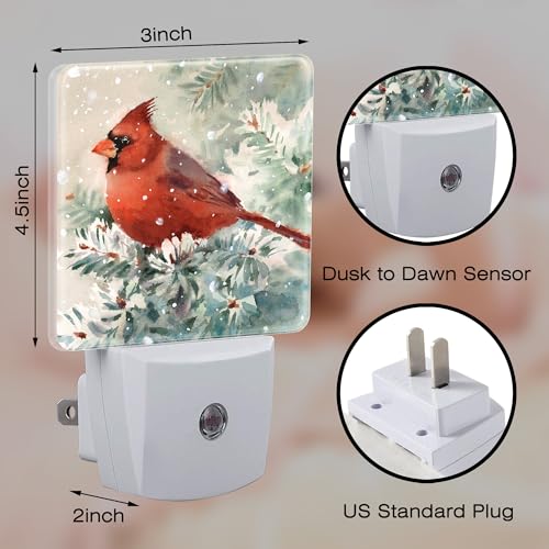 Image of Winter Cardinal Pine Tree Night Light, Christmas Snow Red Cardinal Dusk to Dawn Night Light Plug in, 0.5w Energy Saving Sleep Friendly NightLight for Kids Boys Girls Home Decor