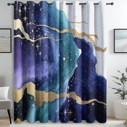 Genérico Cortinas Opacas, 140An x 280Al cm (2 Paneles) para Salon Dormitorio Modernas, Abstracto Acuarela Galaxia Estampadas Azul Oscuro Dorado Cortinas Opacas térmicas aislantes del frío y el Calor