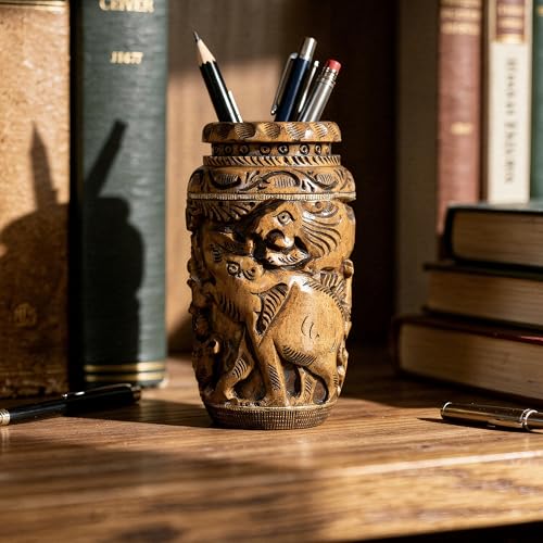 Image of Craft Trade 13x6 Cm Round Hand Carved Wooden Pen Pot Holder - Dark Brown