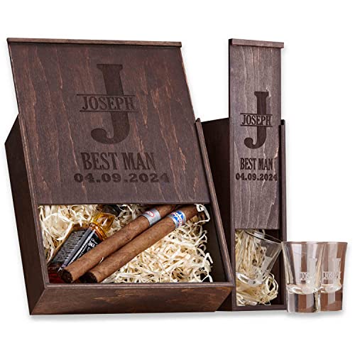 IntraSStudio Personalized Wooden Groomsmen Gift Boxes for Presents - Wood Box with Hinged Lid - Custom Cigar Box for Father’s Day Bride Gifts - Best Man Proposal Box for Gifts