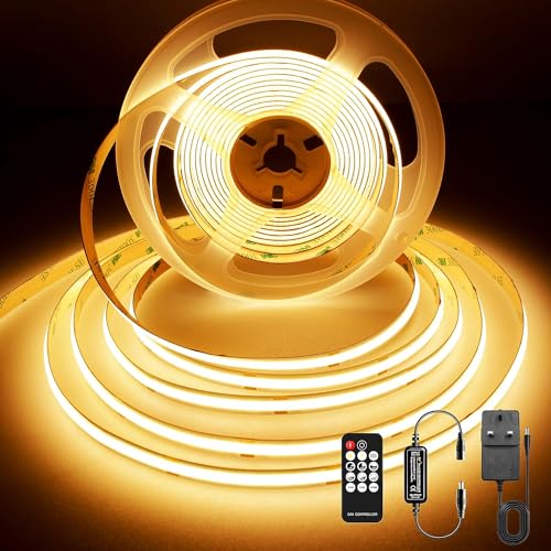 3m COB LED Strip Light, Warm White LED Strip Light with Remote and Power Supply, DC24V, CRI>90, 8mm Width, Dimmable Strip Lights for Backlight to Kitchen Under Counter, Bedroom, Mirror, 3000K