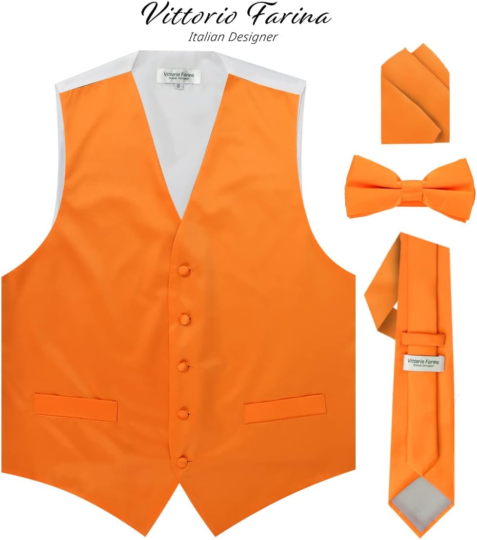 Solid Color Satin Suit Vest for Men Set of 4 - Vest, Tie, Bow Tie & Pocket Square (White Back)