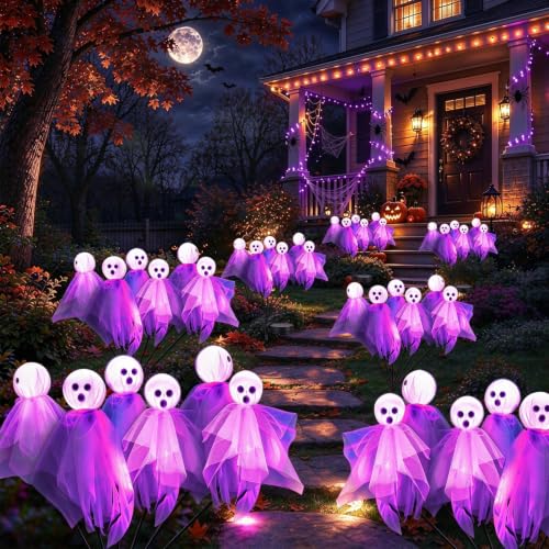 4 Pack Halloween Decorations Outdoor, Solar Scary Ghosts Lights, Purple - image 1