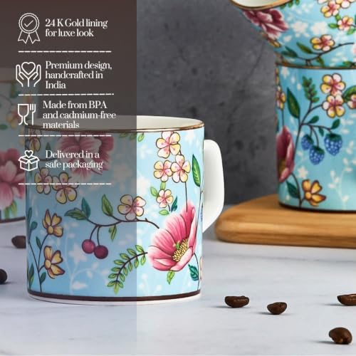 Image of GOLDEN QUEEN'S Handcrafted Tea Cups - Set of 6 | Ideal for Everyday Tea and Coffee, Enhancing Your Daily Rituals (Blush Blossom in Blue)