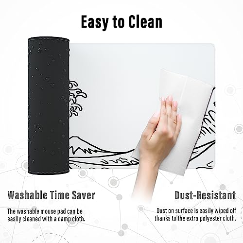 Image of Ovenbird Gaming Mouse Pad with Stitched Edges, Japanese Wave White Extended XL Mousepad with Anti-Slip Base, Cool Large Mouse Pad for Desk, 31.5 x 11.8 in, White