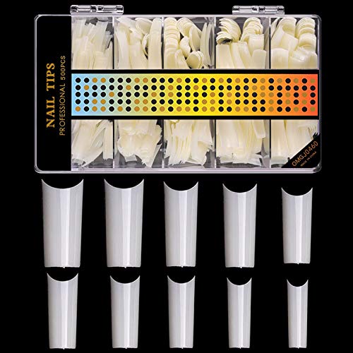 DouborQ C Curve False Nail Tips Acrylic Square Shape Fake Nails Tips Half Cover French Design For Home DIY Nail Art Salons 500 Pcs 10 Sizes With Box (Nature)