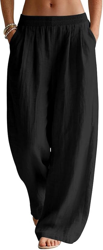 hamovessi Cotton Linen Pants Women Summer Lounge Y2k Elastic Waist Wide Leg Pants Baggy Vacation Beach Pants Resort Wear 2026