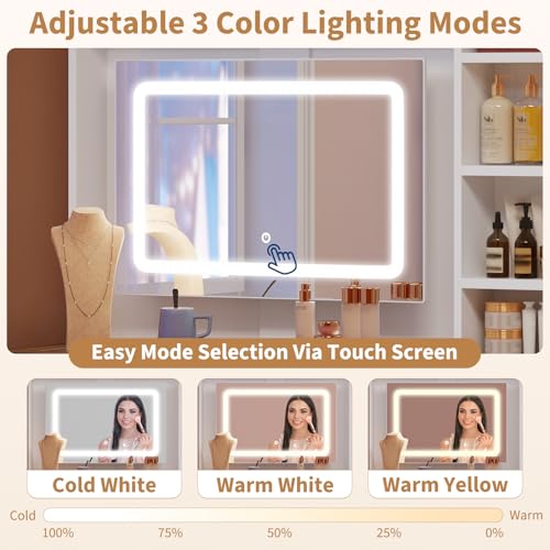 Vanity Mirror with Lights, Makeup Vanity Desk with 5 Drawers, 6 Open Storage Shelves, Large Extendable Dressing Table with Charging Station, Glass Top, Antique White