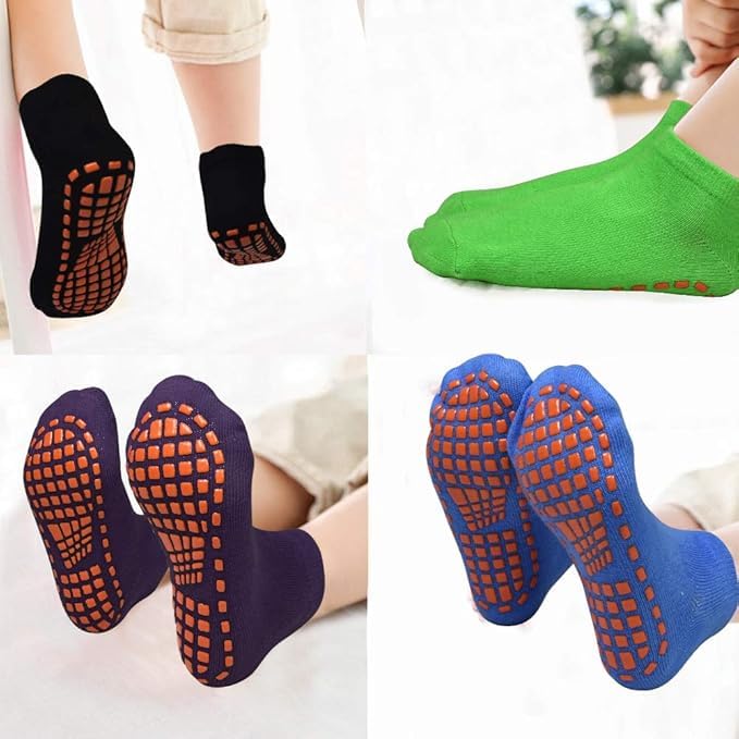 Image of WKLOUYHE Kids Anti-Skid Trampoline Socks 4 Pairs Non Slip Sticky Grips Breathable Cotton Socks for Teenagers