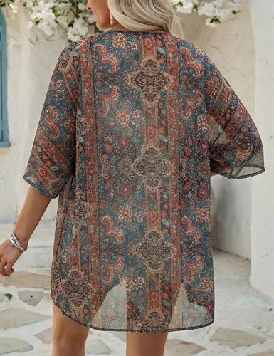 Image of Chunoy Women Floral Beach Wear Cover Up Chiffon Kimono Cardigan Open Front Blouse Top