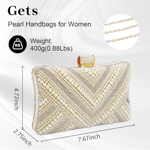 Image of Gets White Pearl Clutch Purses for Women Wedding Bride Evening Bag Formal Party Clutches Tote Handbag Prom Shoulder Bags