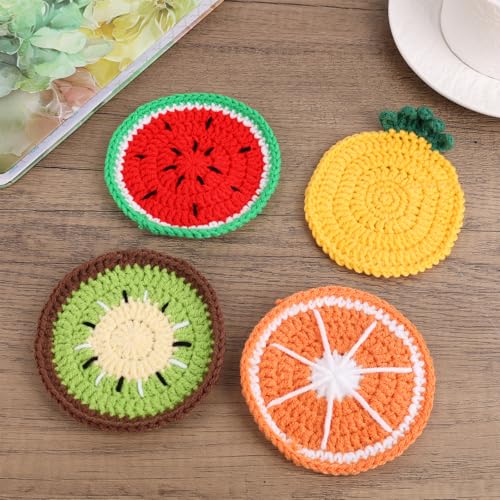 4pcs Dessous de Verre en Crochet, Motif Pastèque Kiwi Orange et Ananas Décoration Amusante Table Basse Accessoires de Protection Table Indispensables pour Le Bar pour la Maison et Le Bureau – Image 4