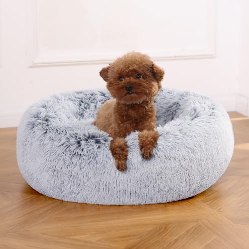 Amazon Basics Weich Haustierbett für Hund, Donut-Kissen, Kunstfell, Maschinenwaschbar, 59 cm, Grau