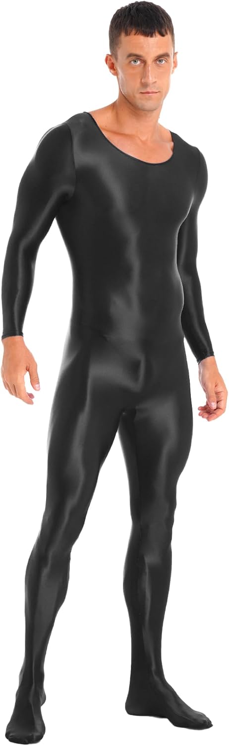 Vxuxlje Mens Oil Glossy Bodystocking Full Bodysuit Round Neck Long Sleeve Unitard Jumpsuits