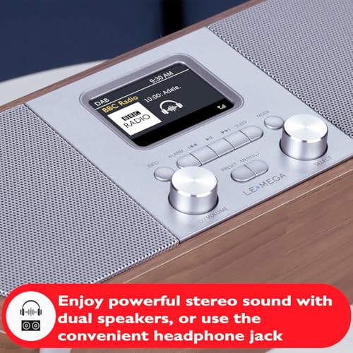 DAB Radio Mains Powered | Digital Radios Mains and Battery | DAB+ Radio Alarm Clock | FM Radio,Bluetooth,Dual Alarm | Powerful Stereo | Acoustic Wood Cabinet | 40 Presets,Headphone Jack | LEMEGA - Image 4