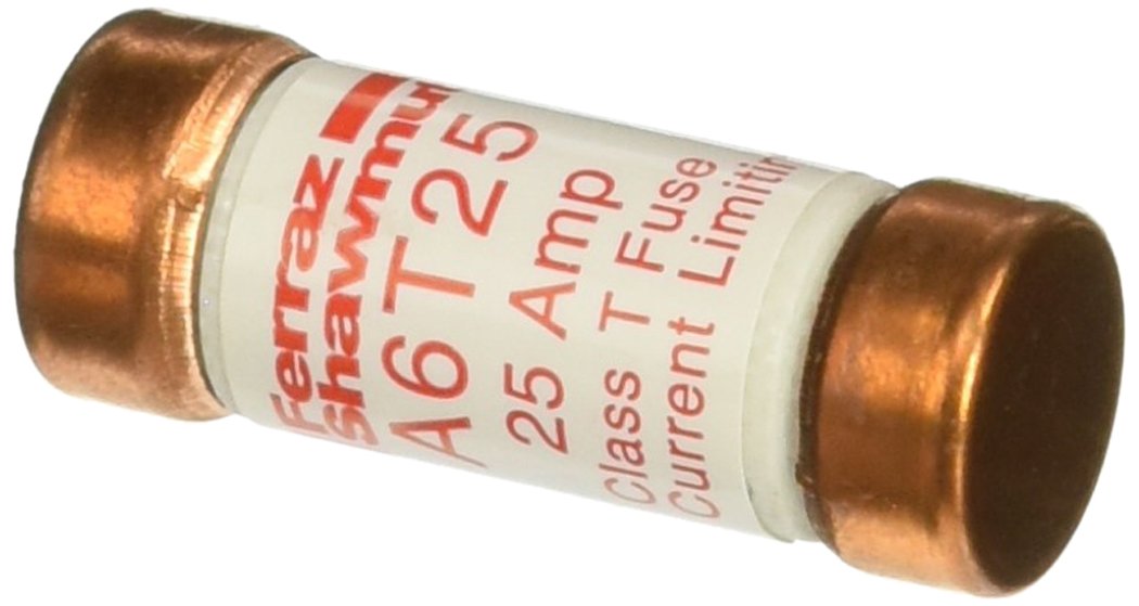 Mersen A6T Fast Acting/Class T Fuse, 600VAC/300VDC, 200kA AC/100kA DC, 25 Ampere, 9/16" Diameter x 1-1/2" Length