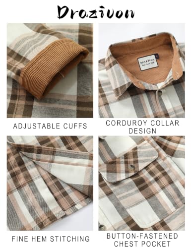 Drazivon Men's Button Down Long Sleeve Cotton Flannel Shirt Plaid White M - image 4