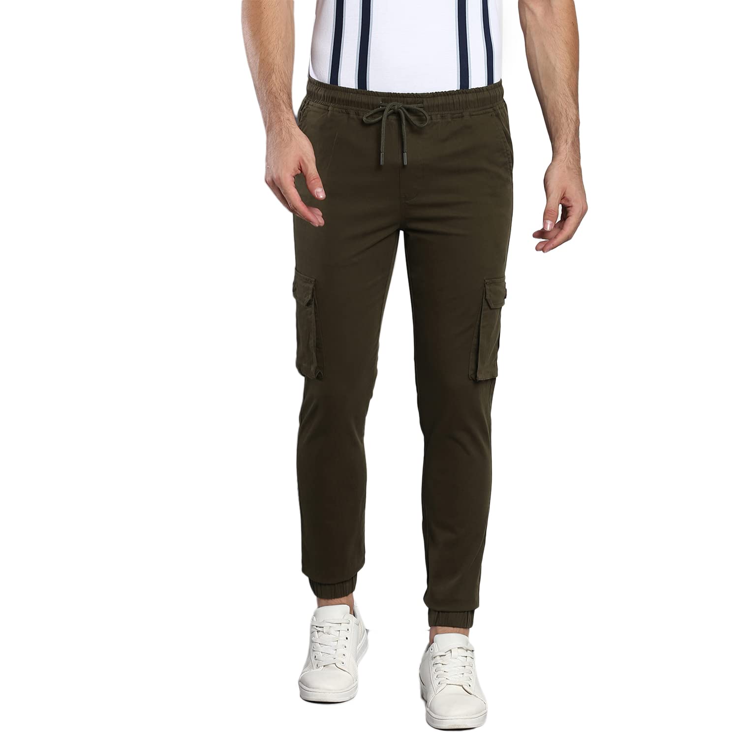 Dennis Lingo Pantalones deportivos tipo cargo de algodón sólido para hombre, ajuste cónico, tiro medio, longitud al tobillo, cordón elástico con múltiples bolsillos, pantalones casuales