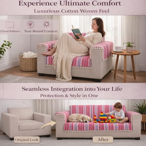 Image of STITCHNEST Woven 3 Seater Sofa Protector with 2 Hand Rest Covers - Purple & White Stripe Design - Washable Fabric with Tassels - Stylish Sofa Cover for Modern Living Room & Furniture Decor