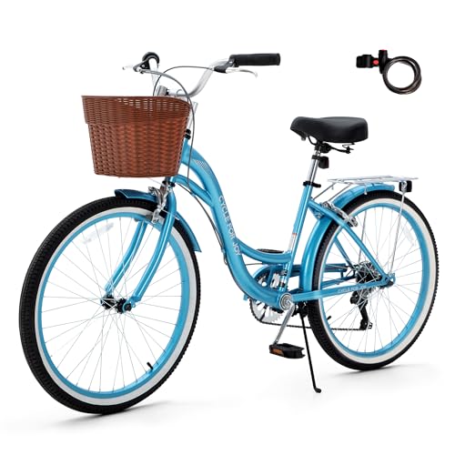 RegalRider 24 inch Beach Cruiser Bike for Women, 7 Speed Commuter Bicycle with Basket & Rear Rack, Low-Step Through Frame, Adjustable Seat and Handlebar, Adult City Cruiser (Pink/Blue)