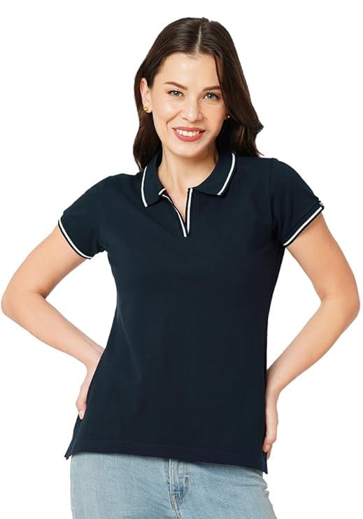 Wear Your Opinion Women’s Tipped Collar Neck Polo Tshirt – Navy