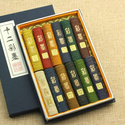 XIALON 12pcs Chinese Color Ink Stick Painting Calligraphy Writing Ink Stone Watercolor Ink Stone