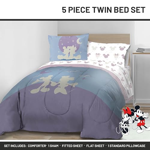 Image of Disney Mickey and Minnie Mouse Twin Comforter Set 5 Piece Bedding, Grey | Bed in a Bag, Comforter Sheets Sham Pillowcase, Official Product, Soft Microfiber, Machine Washable, Easy Care, Kids Gift