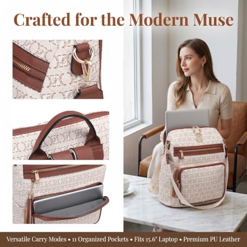 Image of JULIE FERRARO Women Convertible Backpack Purse, Large PU Leather Travel Backpack with Multi Pockets, Shoulder Handbag Set with Wristlet for Work, Travel & Daily Use