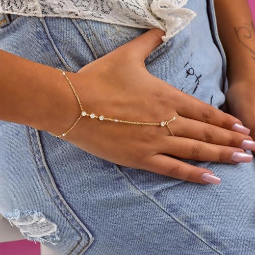 YEEZII Gold Hand Chain Bracelets for Women, 2 Pcs 14k Gold Plated Cubic Zirconia Link Chain Bracelet Set, Trendy ring bracelet hand chain Jewelry for Her4