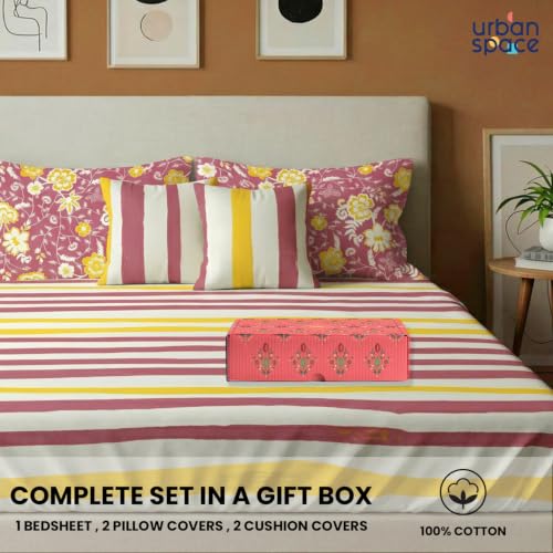 Image of Urban Space 144 TC Divine 100% Cotton Bedsheet for Double Bed with 2 Pillow Covers and 2 Cushion Covers, Queen Bedsheet with Gift Box(Size 90 x 100 inches, Streak Muddy Pink, Double)
