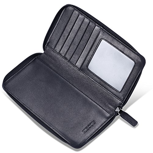 Image of HISCOW Leather Checkbook Cover, Zippered Wallet with Card Slots, Black | Full grain cowhide, 5cc & ID window, personal check book & register pockets, removable duplicate divider, women secure zipper