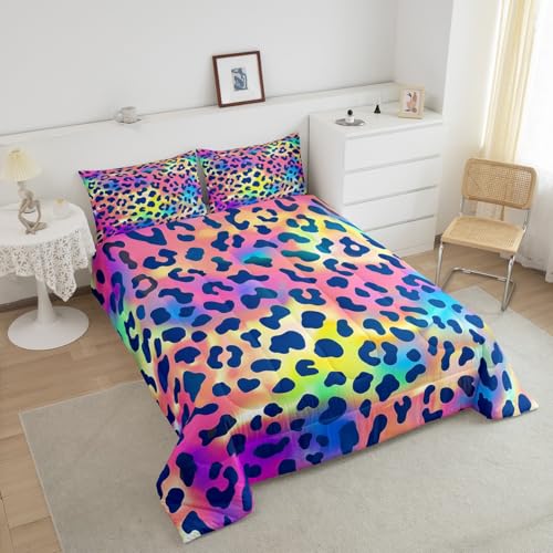 Image of Leopard Print Comforter Set Africa Cheetah Print Bedding Set Rainbow Leopard Design Down Alternative Comforter for All Season for Boys Girls Kids Women Room Decor Safari Animal Duvet Set Twin Size