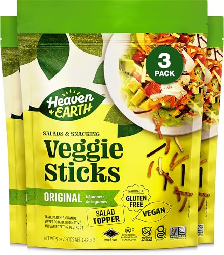 Heaven & Earth, Bâtonnets de légumes, Garniture pour salade, 5oz (3 paquets) Réutilisable, Sans gluten, Non-OGM vérifié, Casher certifié