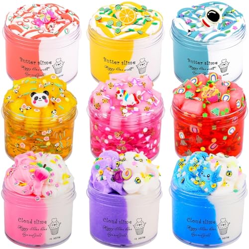 9 Pack Axolotl Slime Kit, with 3 Jelly Cube Crunchy Slime 3 Cloud Slime 3 Butter Slime, for Girls and Boys Party Favors, Stress Relief Toy for Kids, School Education