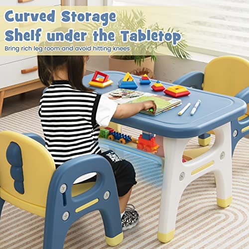Costzon Kids Table and Chair Set wMontessori Toys Kids Activity Table wStorage Shelf Building Blocks Cute Dinosaur Shape Chair Easy to Clean Preschool Kindergarten Table and 2 Chairs