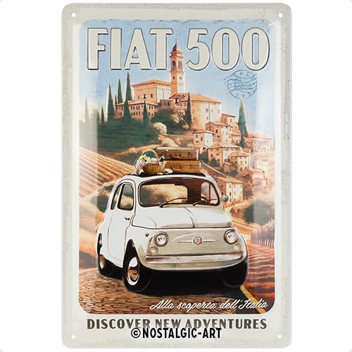 Nostalgic-Art Plaque rétro, 20 x 30 cm, Fiat 500 – Discover New Adventures – Idée cadeau pour fans de Fiat, Official License Product (OLP), en métal,...