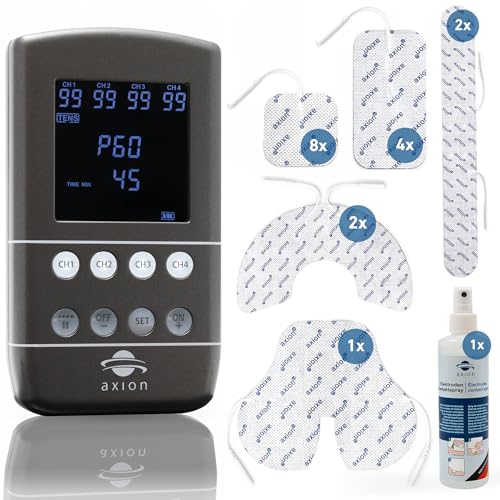 Tens EMS STIM-PRO X9B - Aparato combinado (4 canales, juego de 8 unidades de 5 x 5 cm, 4 unidades de 10 x 5 cm, almohadillas especiales de electrodos y spray de contacto, tratamiento del dolor,