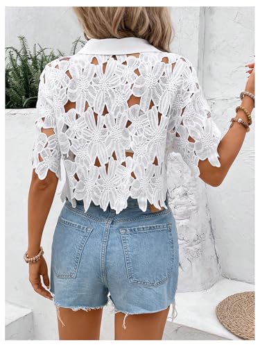 SOLY HUX Women's Floral Lace Cropped Blouses Hollow Out Crop Tops Blouse Short Sleeve Button Down Shirts2