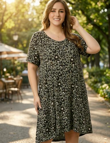 Image of OVERWORETY Womens Short Sleeve Plus Size T-Shirt Dress V Neck Casual Loose Swing A-Line Summer Tunic Dresses with Pockets