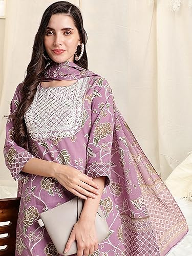 Image of MIRCHI FASHION Pure Cotton Women Straight Print & Thread Embroidery Kurti Set with Dupatta & Pant