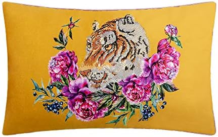 JWH Yellow Tiger Pillow Covers Decorative Flower Embroidered Throw Pillow Colorful Accent Pillow Case Velvet Print Cushion Luxury Pillowcase for Bed Couch Bedroom Office Decor Euro Sham 12x20 Inch