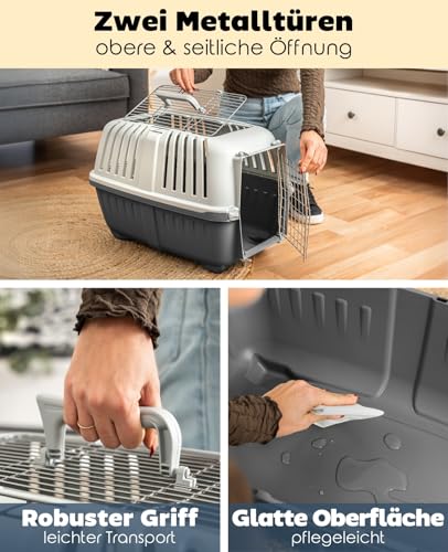 lionto Hundetransportbox aus Kunststoff mit Metallgitter, 58,5x35,5x40 cm, Transportbox mit praktischem Schließsystem & Tragegriff, auch geeignet für Katzen & Kleintiere, für Haustiere bis 15kg, grau